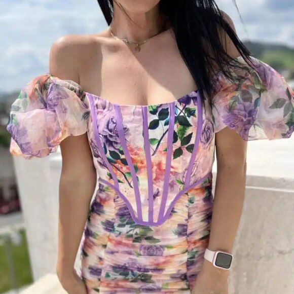 Donnee Par Dieu Corset Floral Ruched Mesh Puff Sleeve Bodycon Mini Dress Fairy M - Picture 4 of 16